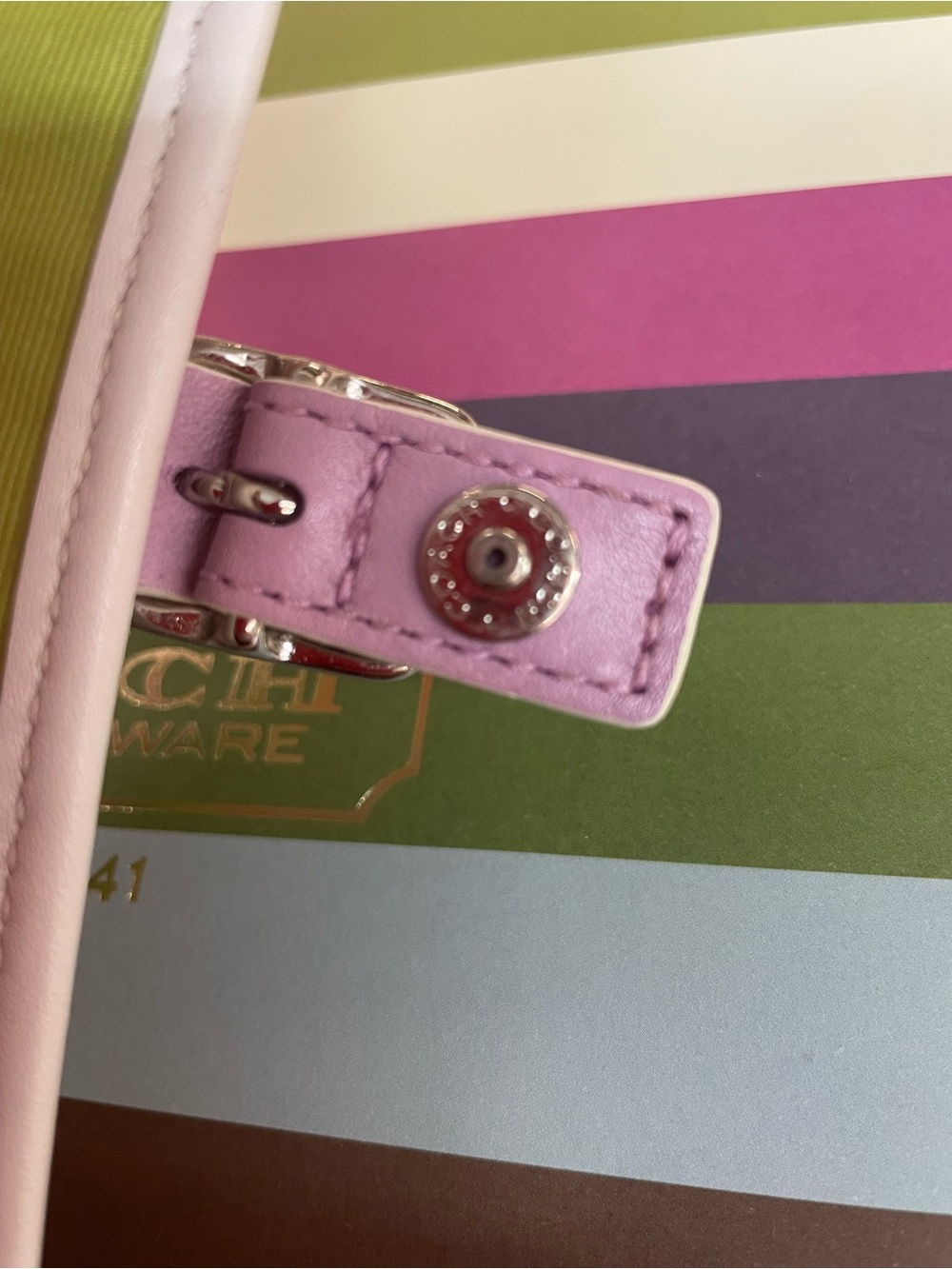 Coach Hampton striped wristlet with her Coach gift bag. - Picture 6 of 8